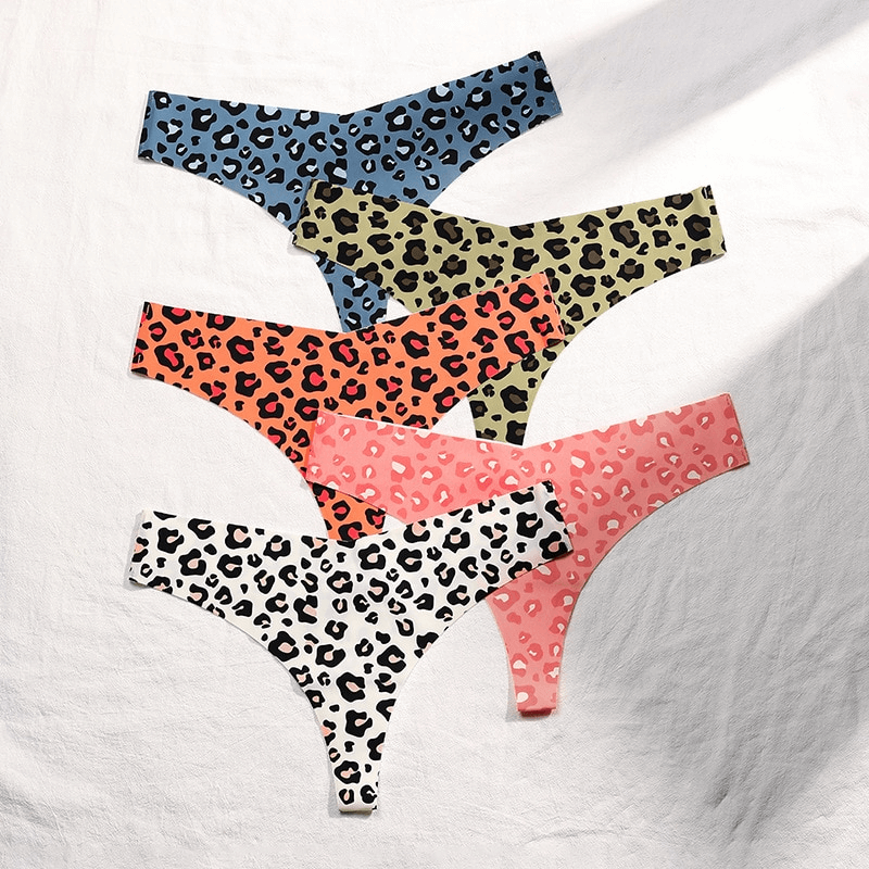 Colorful leopard print T-back panties in seamless nylon, showcasing comfortable and stylish design, perfect for everyday wear.